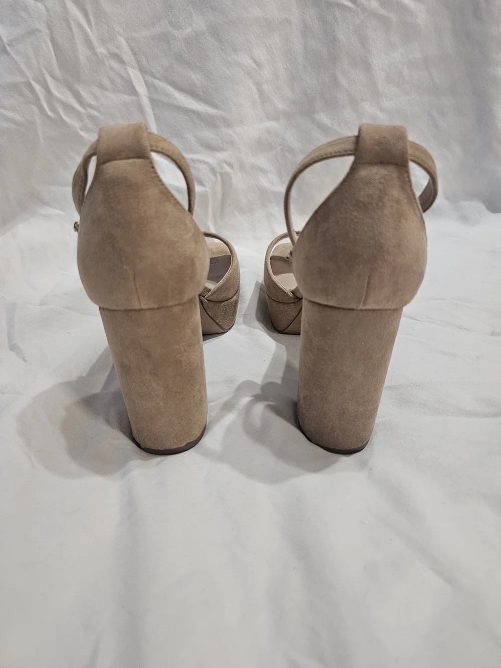 Platform Ankle-Strap Block Heel Sandal in Tan Suede